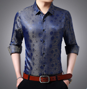 Mens Printed Mulberry Silk Long Sleeve Shirts Lapel Casual Slim Fit Tops Shirts