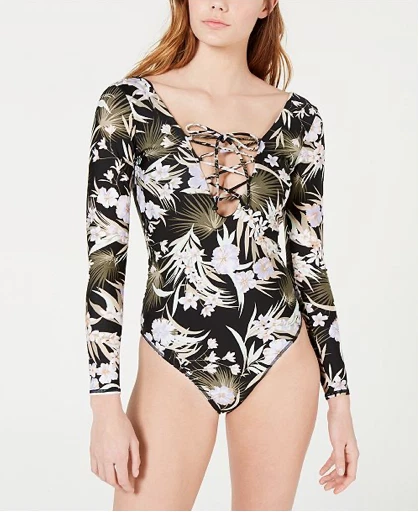 Volcom Medium Black for Shore Laceup Long-sleeve One-piece Swimsuit Bodysuit