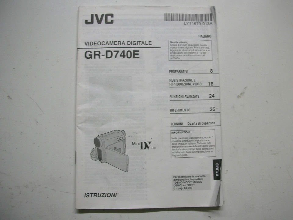 JVC GR-D740E Camcorder Digital Manual Italian - Image 1 of 1