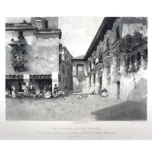 THE COUNCIL HOUSE, GRENADA - Original 1880 Antique Engraving M. Fortuny - Picture 1 of 2