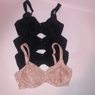 Set of 4 Wacoal Bra 32D Black Beige Floral Lace Minimizer Underwire - Image 1 of 4