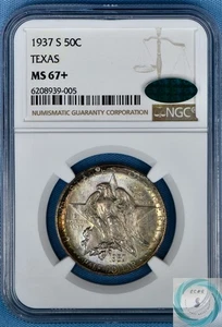 1937-S Texas Commemorative 50c NGC MS67+ w/CAC - Stunning Superb Gem Toner - Picture 1 of 14