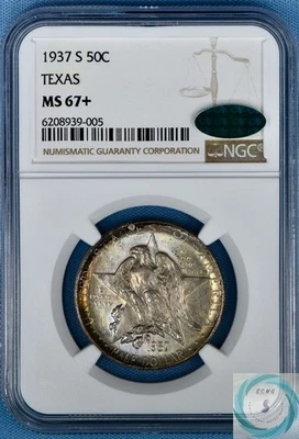 1937-S Texas Commemorative 50c NGC MS67+ w/CAC - Stunning Superb Gem Toner - Image 1 of 4