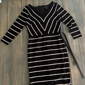 White House Black Market - Black & Beige Striped Dress w/Belt - Size 8 (S8) - Picture 1 of 13