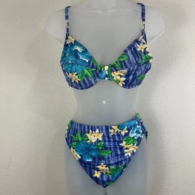 Traje de baño bikini vintage años 90 azul floral de dos piezas para mujer talla 14 Foto 1 de 4