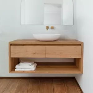 Handmade Oak Wood Floating Hung Vanity Unit 2 Drawers | Modern Bathroom Unit - Picture 1 of 8