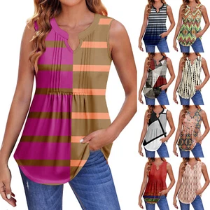 Womens Summer Tank Tops Pleated V Neck Printing Casual Top Tank Tops For - Picture 1 of 39