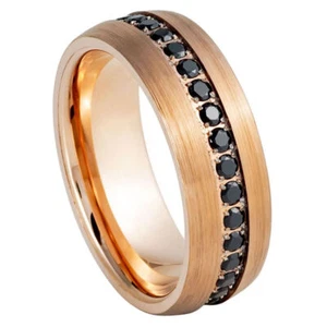 Tungsten Ring Band Domed Rose Gold IP Plated Black CZ Eternity For Men & Women - Picture 1 of 7