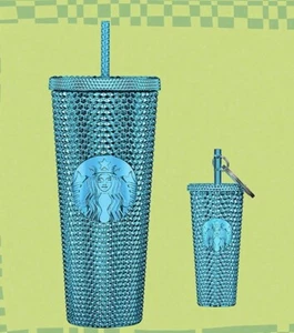 Starbucks Chrome Bling Cup Studded Teal Tumbler Venti 24oz Cold & Keychain Neu mit Etikett - Bild 1 von 7