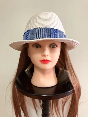 Sportsgirl White with Blue Aztec headband detail Fedora style 100% paper hat - image 1 of 4