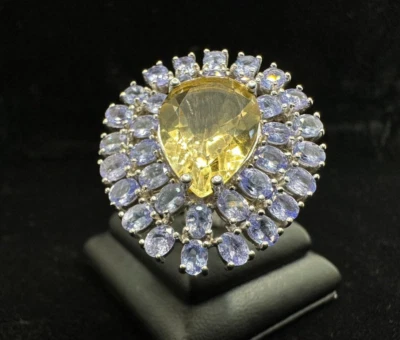 Anillo citrino 16x12 mm decorado con tanzanita 4x3 plata de ley 925. Foto 1 de 4