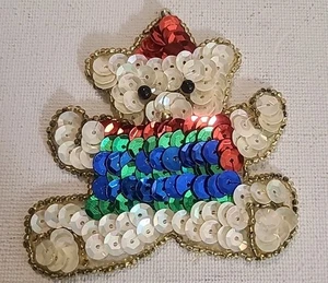 Vintage Weihnachten Teddybär Perlen Pailletten Applikation Nähen/Aufkleben Patch Ugly Sweater - Bild 1 von 5