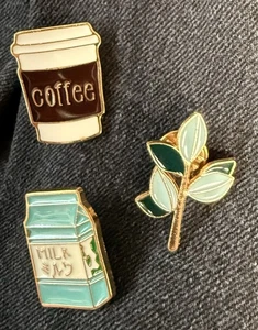 Coffee Cup milk Carton olive Branch Leaves Lapel hat Purse Bag Pin Teal Ivory - Picture 1 of 2