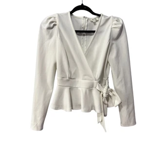 Privy Wrap Peplum Top White Puff Sleeve Tie Waist V Neck Long Sleeve Womens S - Foto 1 di 3