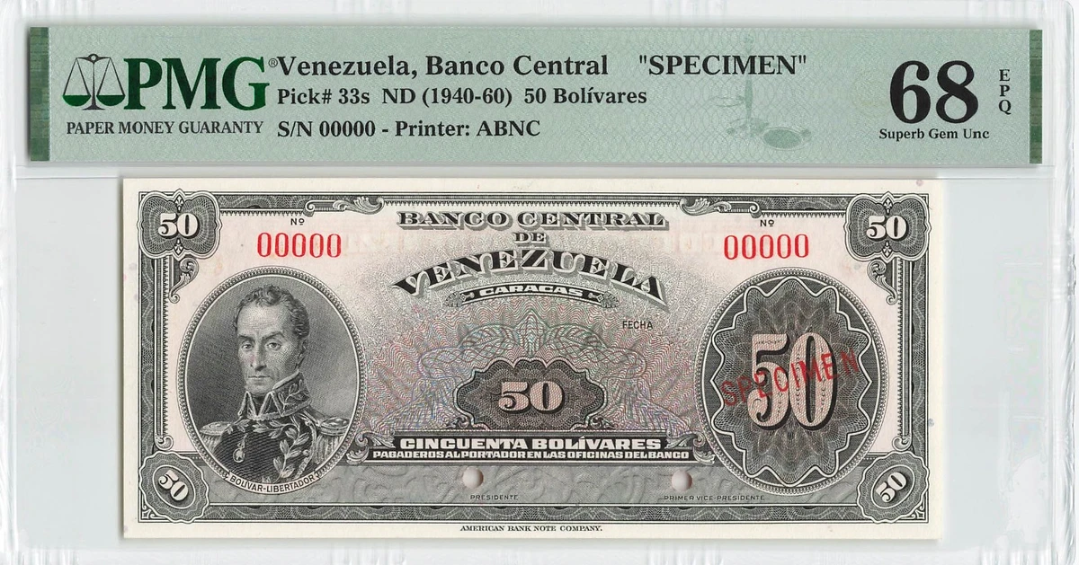 VENEZUELA 50 Bolivares 1940-1960, P-33s SPECIMEN, PMG 68 EPQ