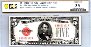 $5 1928-C Legal Tender MULE (FANCY SERIAL E99662422A) PCGS 35 CVF Fr. 1528m - Picture 1 of 3