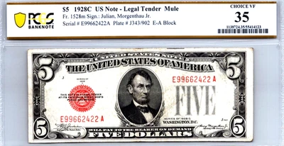 $5 1928-C Legal Tender MULE (FANCY SERIAL E99662422A) PCGS 35 CVF Fr. 1528m - Image 1 of 3