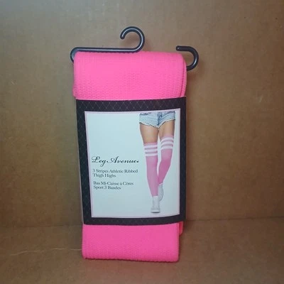Leg Avenue 3 White Stripe Athletic Ribbed Thigh High Hot Pink Novelty Socks - Image 1 of 2