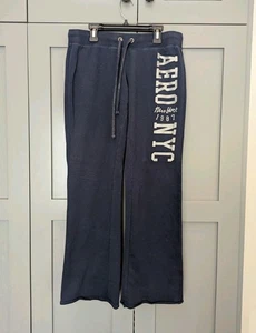 Y2K Aeropostale 2000s Low Rise Blue Logo NYC Boot Cut Flare Sweatpants Sz Large  - Picture 1 of 10