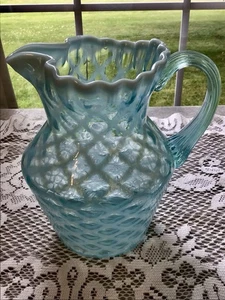 Vintage Fenton Kunstglas blau opalisierend Gitter Wasserkrug - Bild 1 von 4