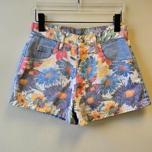 Vintage Paris Blues Floral Denim High-Waisted Retro Soft Girl Shorts 27 Rare - Picture 1 of 8