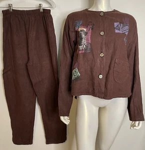 Lucy & Izzy braun handbemalt 2-teiliges Leinen Set S M Oberteil Hose Kaffeekanne Tassen ATW - Bild 1 von 11