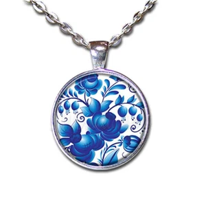 Gzhel Blue White Floral Pattern - Handmade Glass Pendant Necklace BRIGHT SILVER - Picture 1 of 5