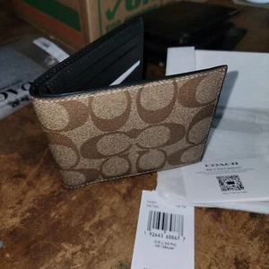 NWT COACH ID Billfold Wallet Card Case Signature Canvas Tan Black Antique F66551 - Picture 1 of 12