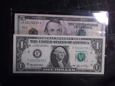 2 Notes MATCHING $5 & $1 FRN S/N (6) 2s in a Row JK22222239A Scarce - Image 1 of 4