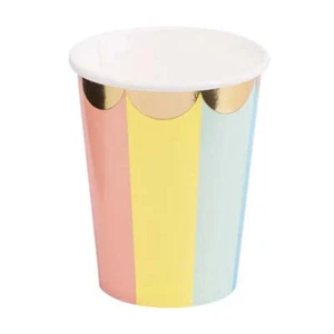 Pastel Rainbow Candy Stripe Gold Edging Paper Cups 8pk Party Table Settings - Picture 1 of 3