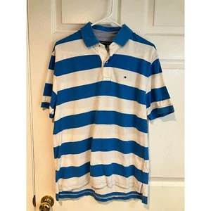 Tommy Hilfiger Polo Shirt Mens Size M Blue White Stripe Rugby Logo Vintage 90s - Picture 1 of 7
