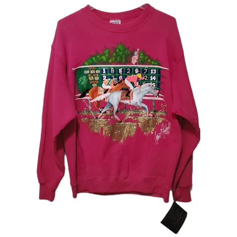 VTG Kentucky Derby JOAN STUDWELL Hand Painted Horse Race Sweatshirt Sz L  1996 Cover