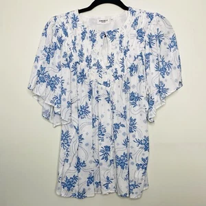 Jeanswest size 8 Top 100% Viscose Flutter Sleeve White Blue Boho Floral Blouse - Picture 1 of 12