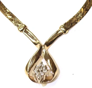 14k yellow gold .14ct diamond cluster herringbone chain link necklace 4.7g 16" - Picture 1 of 8