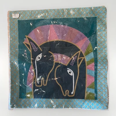 Sam Well Pillow Cover Throw Embroidered Horse Turquoise 17.5x17.5” Zip Closure - Image 1 of 4