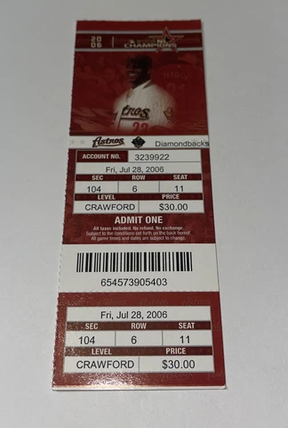 Houston Astros Vs Arizona Diamondbacks Game day ticket Stub. 7/28/2006 Cover