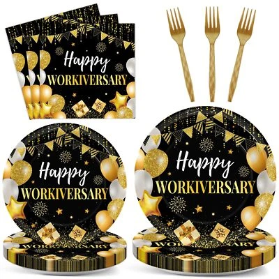 96Pcs Happy Work Anniversary Party Supplies Black Gold Happy Workiversary Tab... - Image 1 of 4