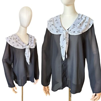 1980’s Vintage Semi Sheer Chiffon Blouse With Novelty Bow Print Collar Size 12 - Image 1 of 4