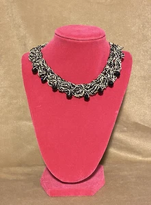 Choker Collar Hand Crochet Black And White Yarn Black Beading Metallic Thread - Picture 1 of 2