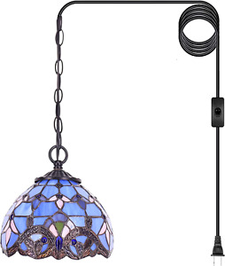 Tiffany Plug-In Pendant Light with W8H7 Inch Baroque Stained Glass Shade, Vintag