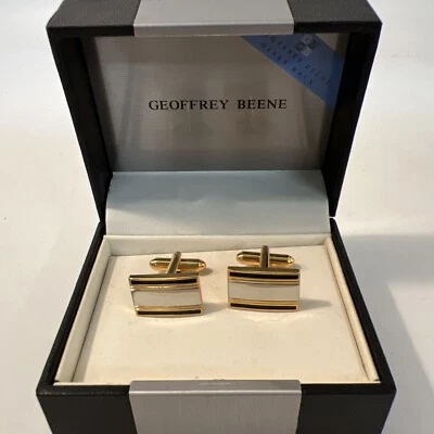 Geoffrey Beene Black & Gold Tone Black Cufflinks Polished With Case Modern Style - Image 1 of 4