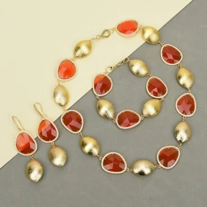 Orange Cat eye Stone CZ Paved Brushed Oval Bead Necklace Bracelet Earrings Sets - Picture 1 of 11
