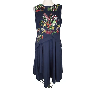 WAYWARD FANCIES Eshakti Floral Embroidered A-Line navy blue sleeveless Dress L ? - Picture 1 of 19
