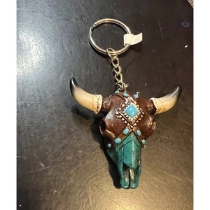 Steer Skull Keychain Turquoise Cowgirl Western Rodeo Bull Cow Key Ring Bag Charm - Picture 1 of 3