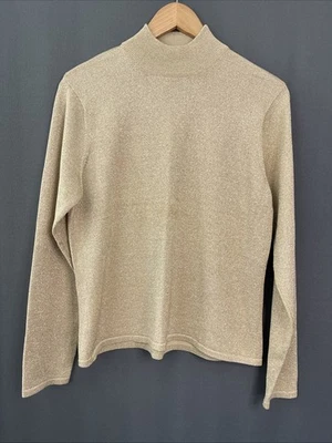 Blusa Talbots Seda Mistura Metálica MockNeck Vintage Grande Ouro Brilho Férias Glam - Imagem 1 de 4