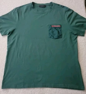Prada Milano Tab Logo Slim Fit Nylon Pocket Shoulder T-Shirt Size Medium Green - Picture 1 of 5