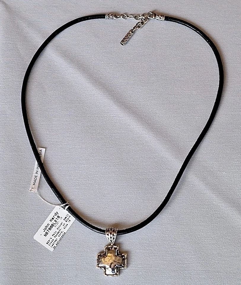 JOHN HARDY Hombre Palu 925 Plata Cruz Colgante Cuero Cordón Collar 18-20 Nuevo  Foto 1 de 4