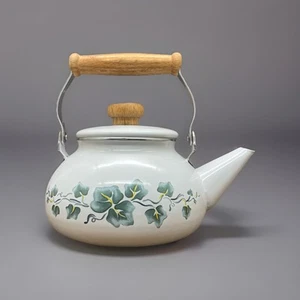 Vtg LINCOLNWARE ENAMEL TEA POT IVY Print 8 Cups Wood Handle/Lid Taiwan - Picture 1 of 16