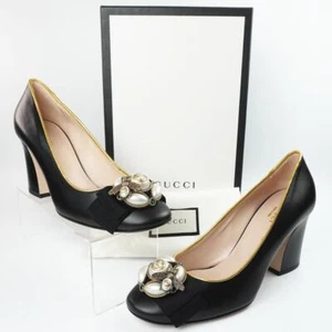 GUCCI Bee GG Logo Leather Pumps size 38 Black Chunky Heel Boxed Unused - Picture 1 of 24