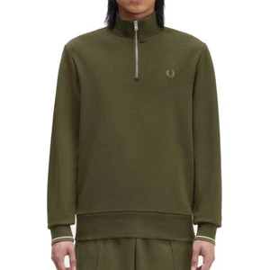 Fred Perry Men's Long Sleeve Half Zip Tipped Sweatshirt Logo M3574 Hunter Green - Picture 1 of 6